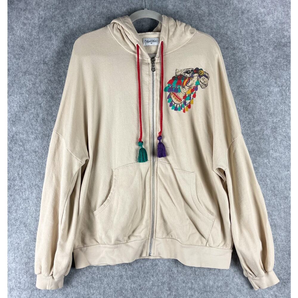 Lauren Moshi Aisha Camel Hoodie Womens XL Cream Full Zip Graphic Tassel Boho USA